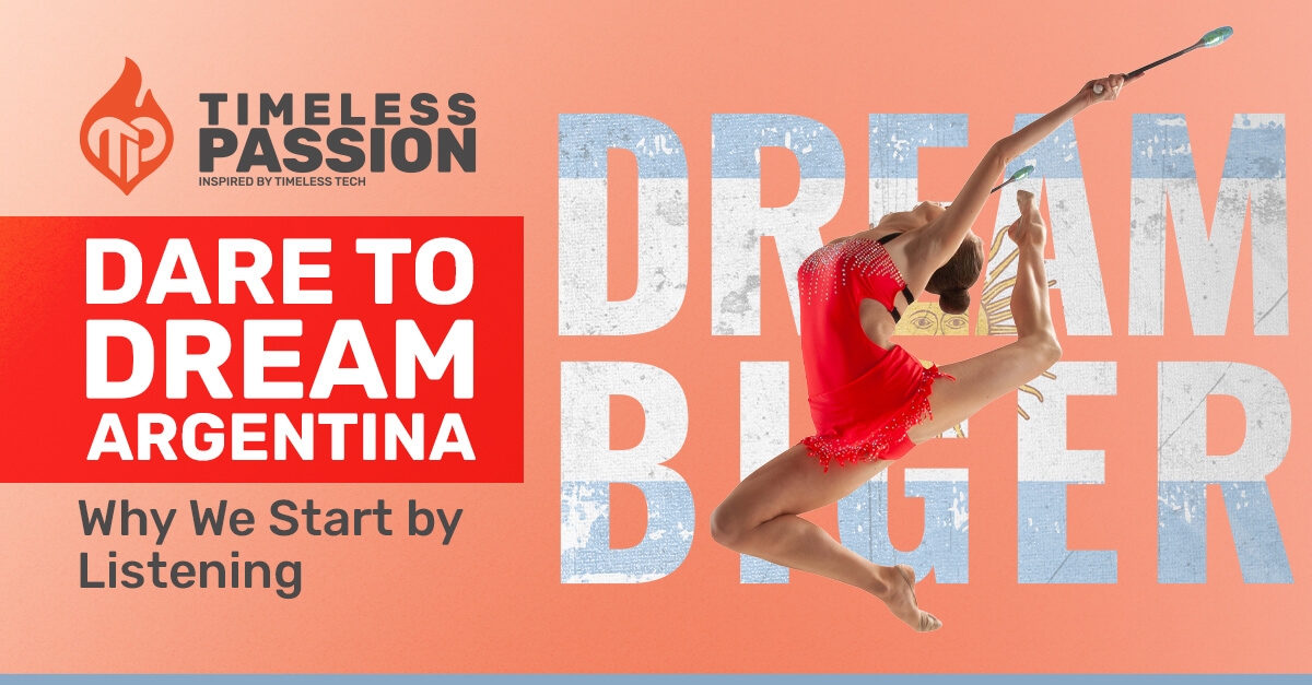 Gymnast performing a dynamic leap in front of the Dare to Dream Argentina banner, representing the Timeless Passion sports initiative supporting athletes’ dreams.