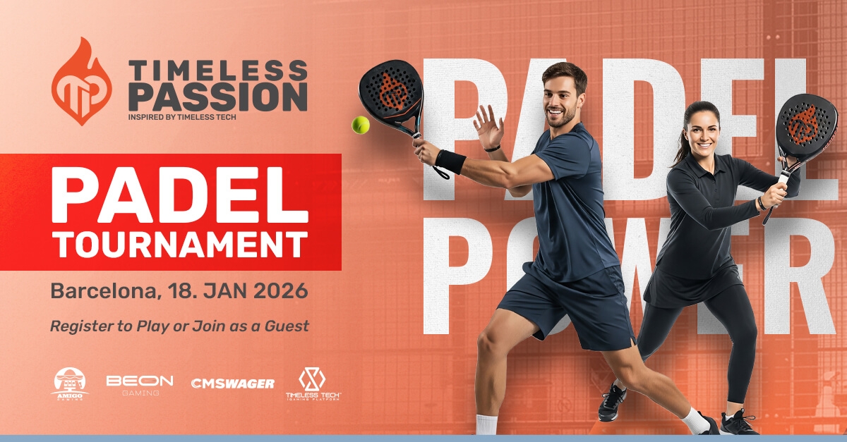 Padel court in Barcelona with players preparing for the Timeless Passion Padel Tournament 2026, a pre-ICE networking event hosted by Timeless Tech.