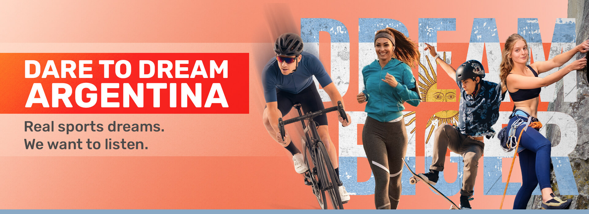 Dare to Dream Argentina hero banner featuring athletes in cycling, running, skateboarding and climbing symbolizing real sports dreams supported by Timeless Passion.