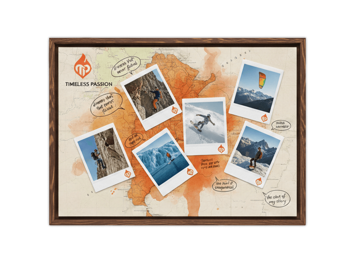 A wooden-framed mood board displaying a map of Argentina accented with orange watercolor. Pinned across the map are six polaroid-style photos capturing adventure sports including rock climbing, ice trekking on a glacier, snowboarding, and paragliding. The layout is detailed with handwritten speech bubbles and the "Timeless Passion" logo in the upper-left corner.