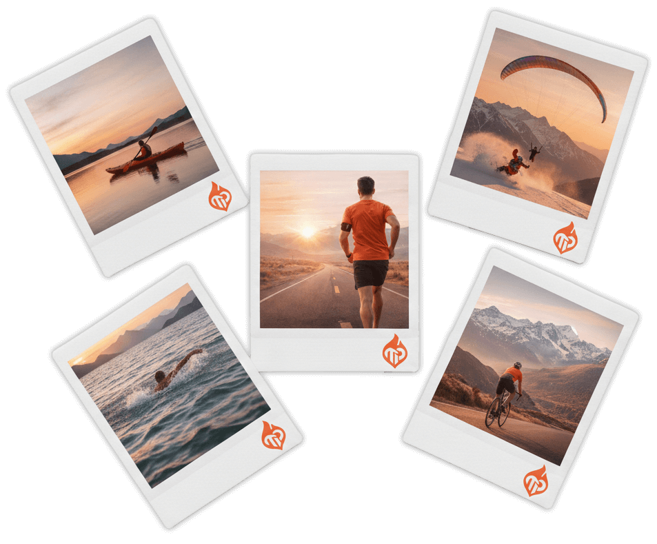 A collage of five polaroid-style photos featuring solo athletes in Argentina: a kayaker at sunset, a long-distance runner on an open road, a paraglider over snowy mountains, a swimmer in open water, and a cyclist on a mountain pass.