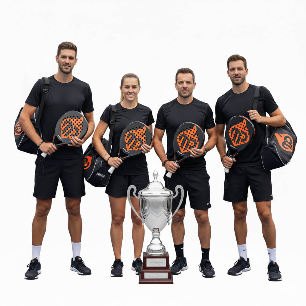 Four professional players with padel rackets and bags celebrating by the main trophy at the Timeless Passion iGaming Networking Tournament before ICE Barcelona 2026.